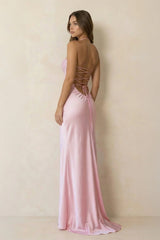 Halter Sheath Satin Maxi Dress With Sequins in Pink