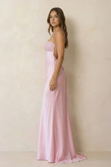 Halter Sheath Satin Maxi Dress With Sequins in Pink