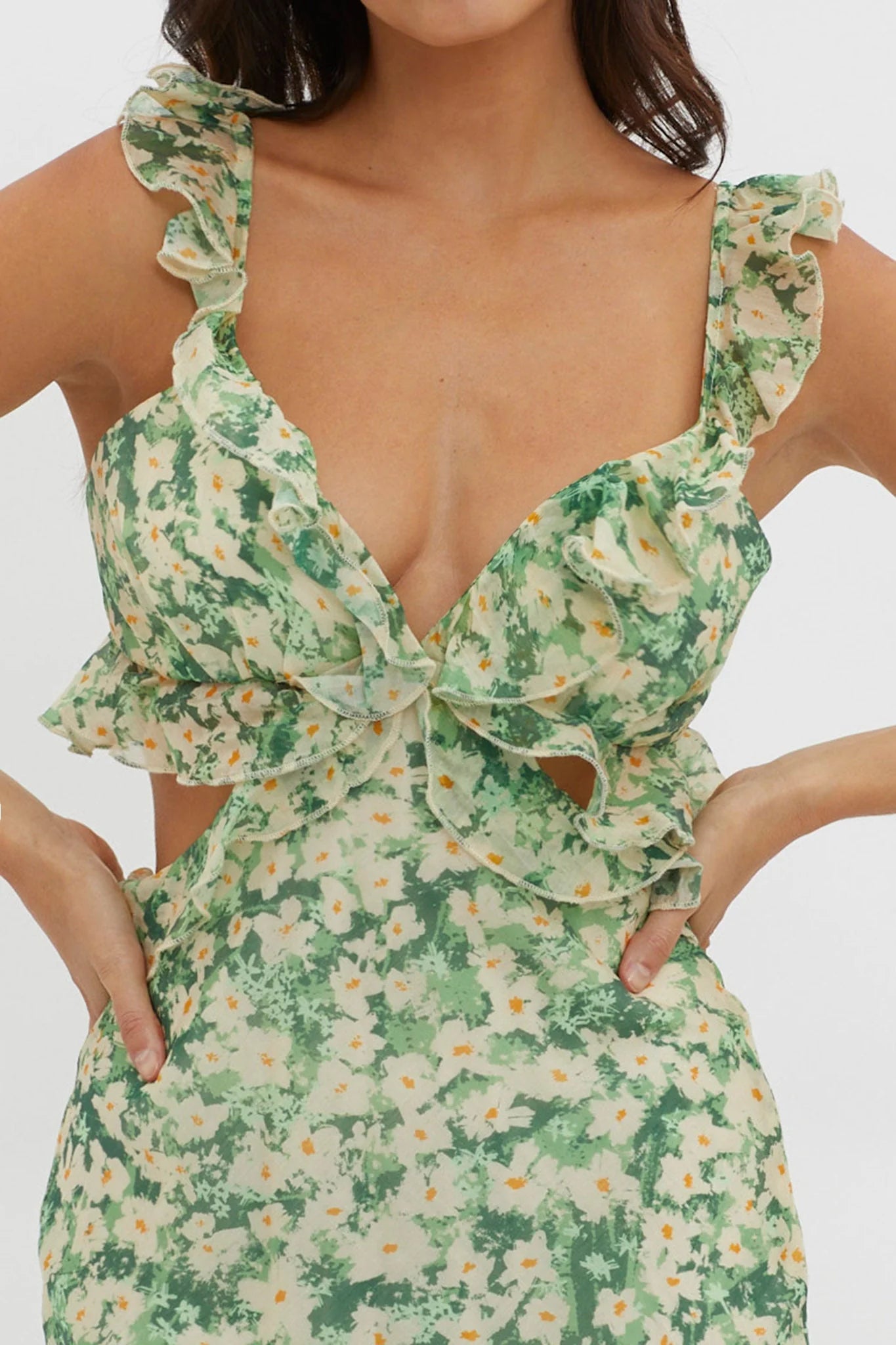 Second Chances Ruffle Trim Maxi Dress Flowers Green