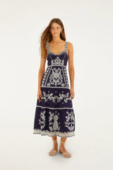Blue Richelieu Embroidered  Midi Dress