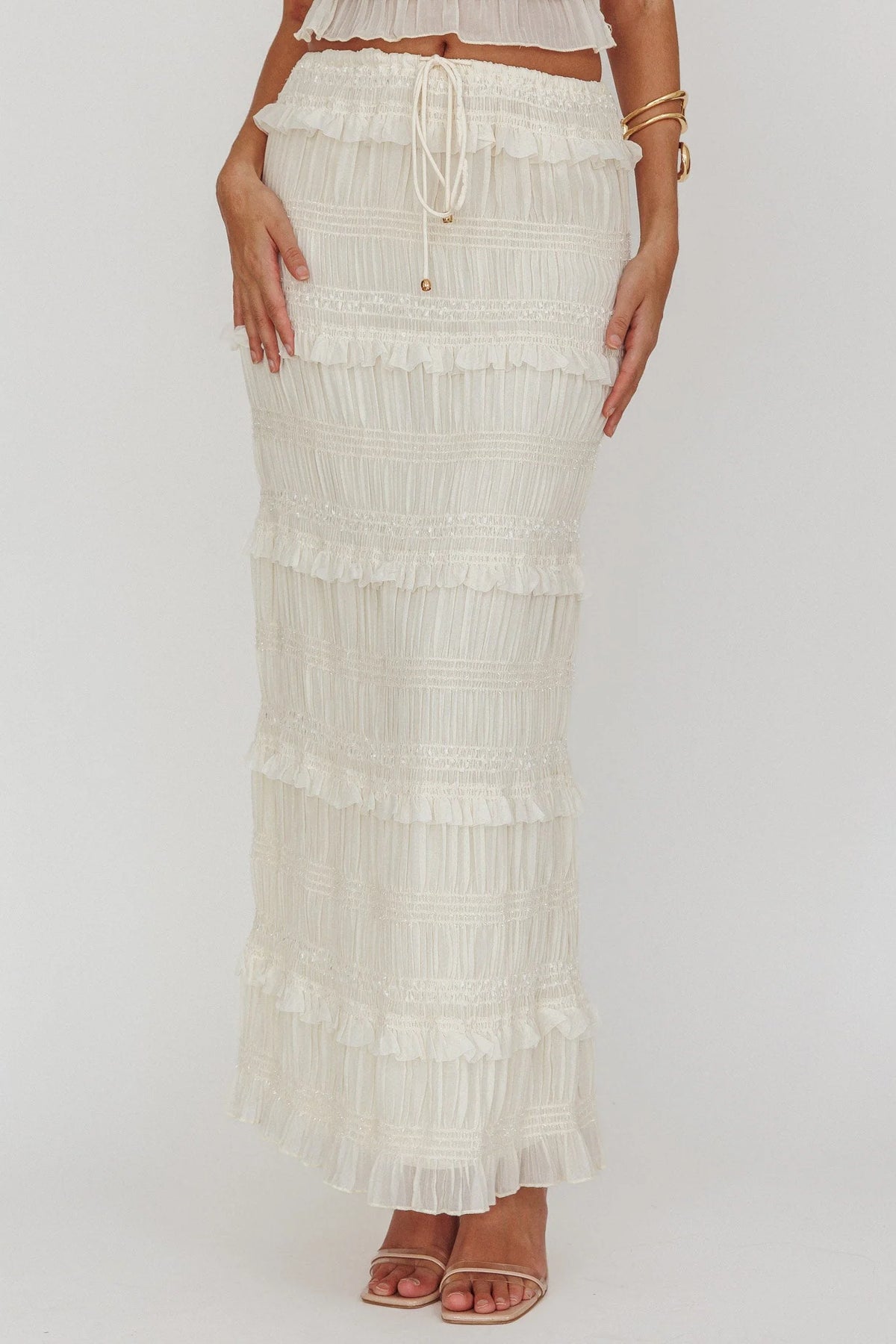 Helios Shirred Sequin Maxi Skirt Beige